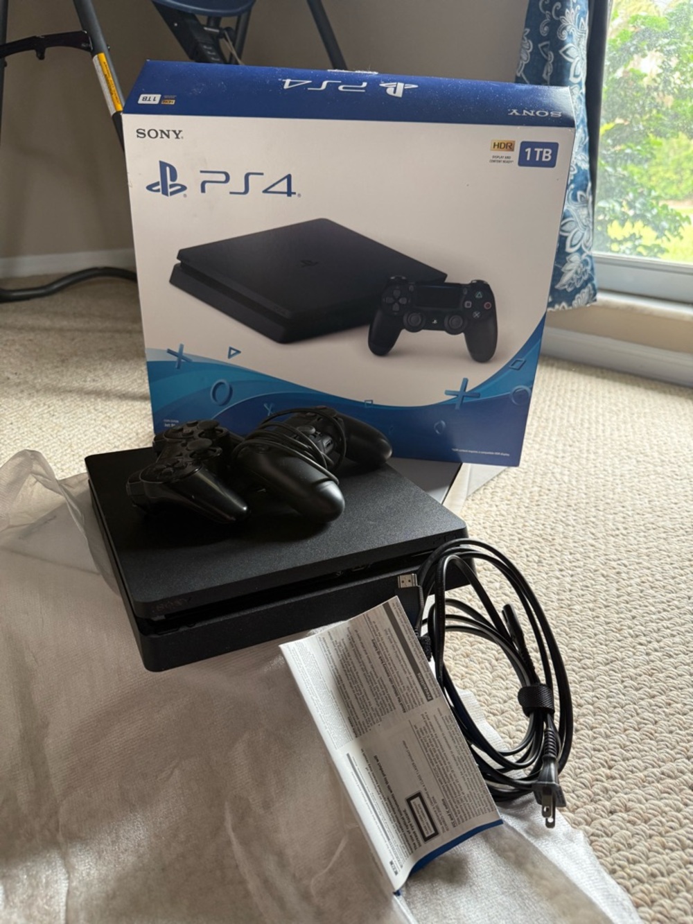Sony PS4 Slim Console with Black Dual Controllers and Cables